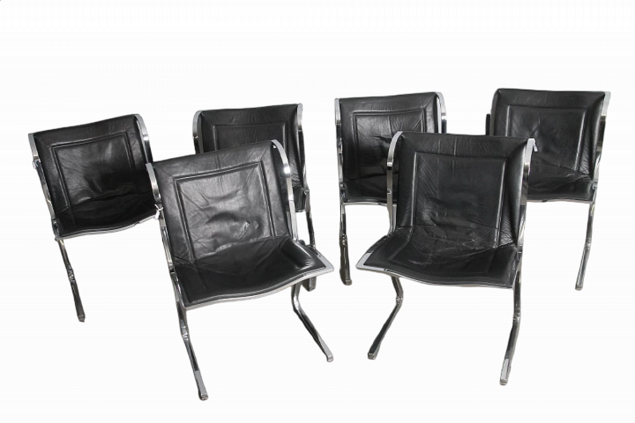 6 Chromed metal and leather chairs by Fumagalli, 1970s 11