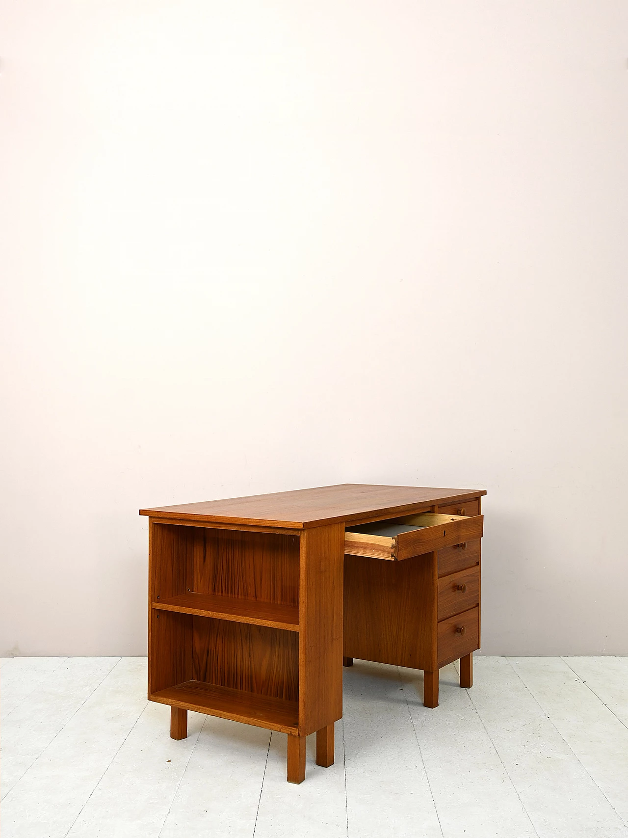 Swedish teak desk with drawers and shelving, 1960s 4