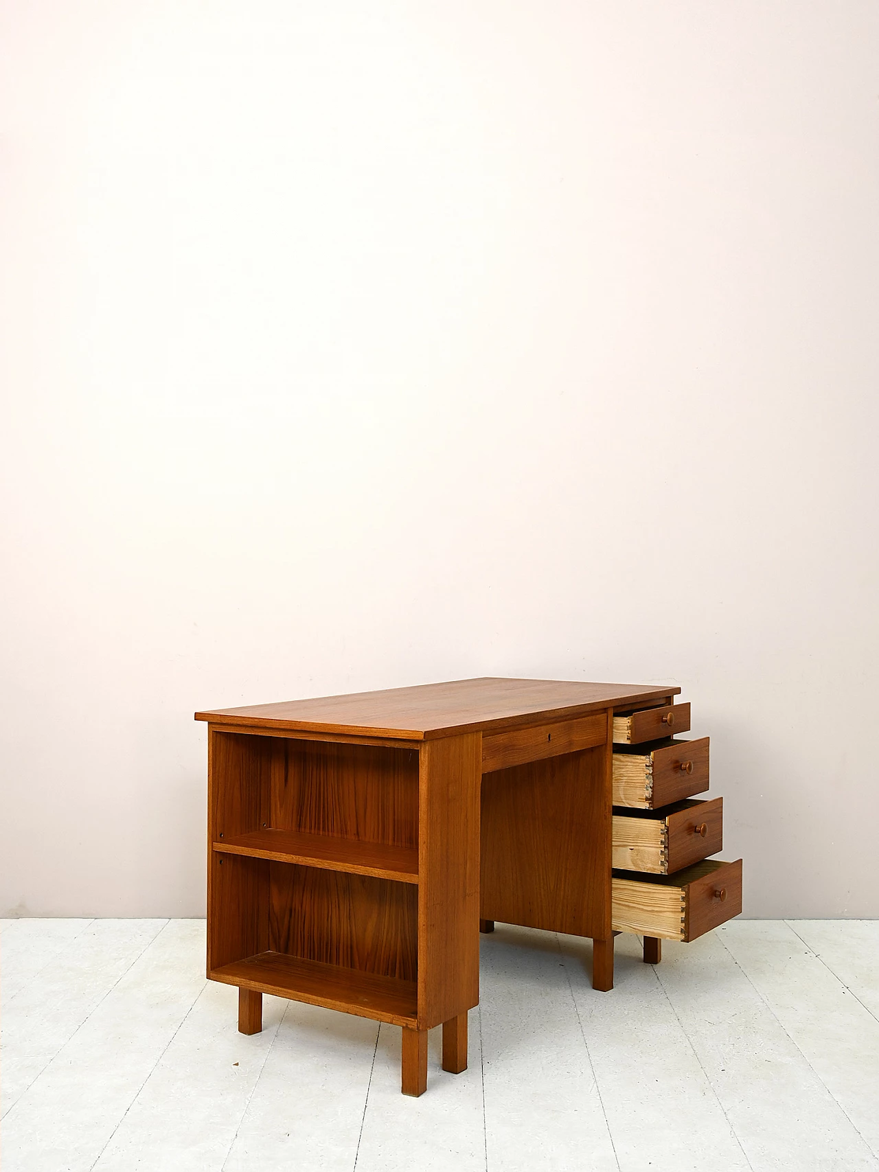 Swedish teak desk with drawers and shelving, 1960s 5