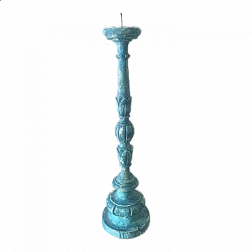 Carved and pickled blue wood candle holder, 1940s