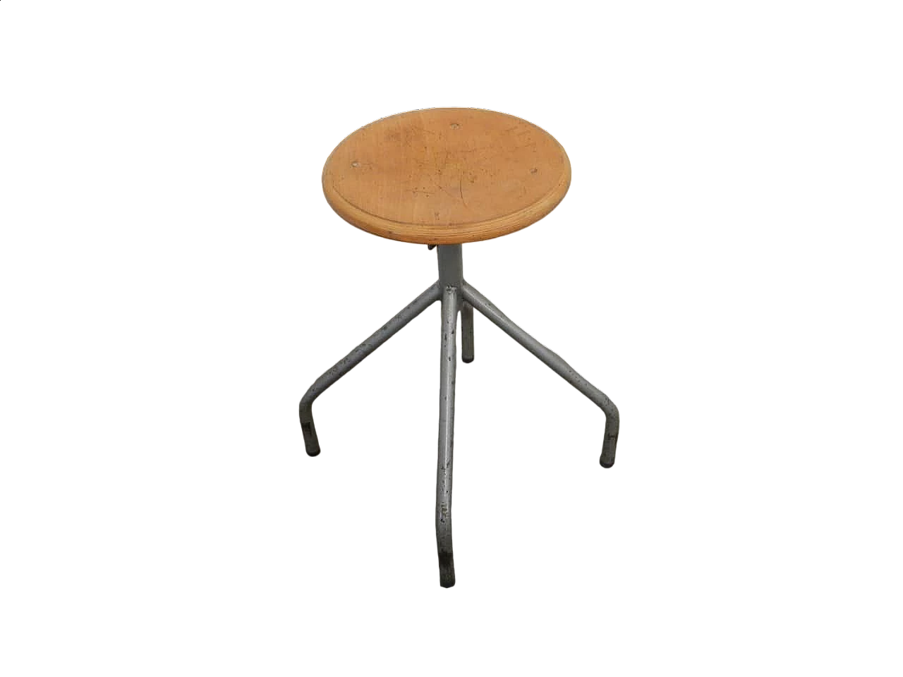 Sgabello regolabile in metallo e faggio con quattro piedi, anni '70 7
