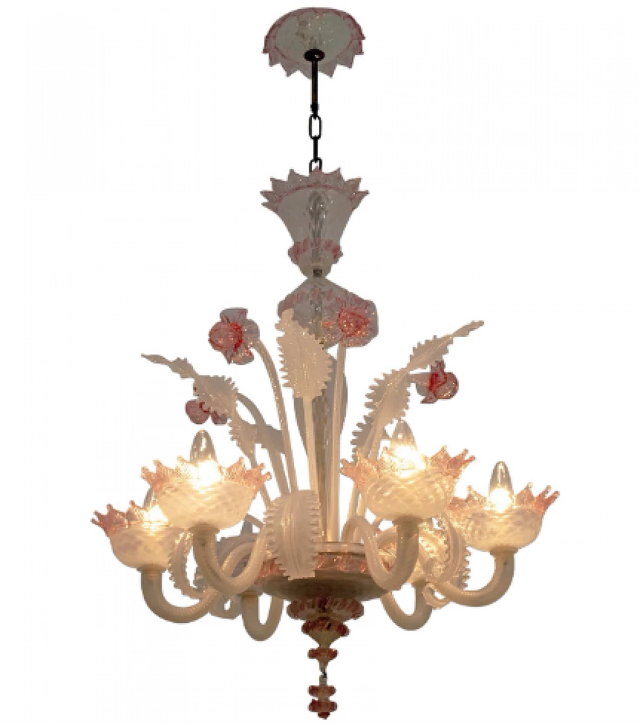 Lampadario Ca' Rezzonico in vetro di Murano bianco e rosa, anni '60 1