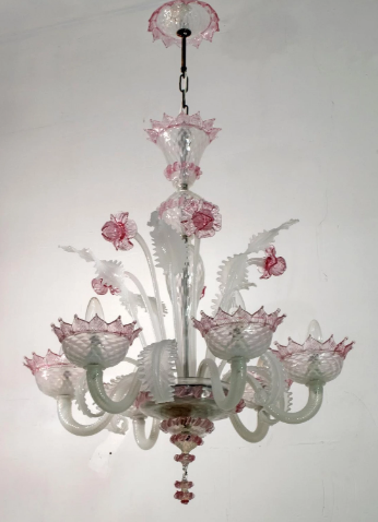 Lampadario Ca' Rezzonico in vetro di Murano bianco e rosa, anni '60 2