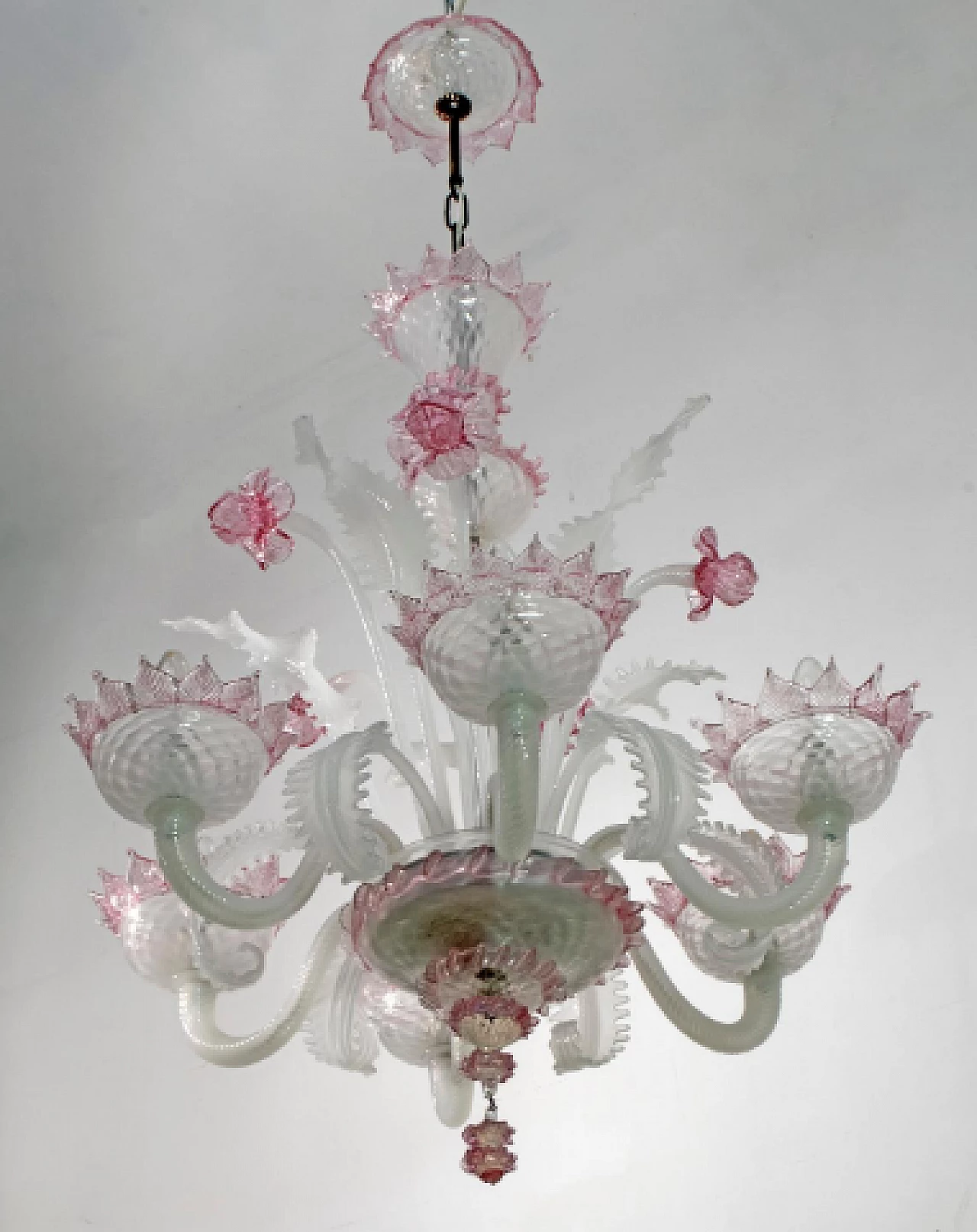 Lampadario Ca' Rezzonico in vetro di Murano bianco e rosa, anni '60 3