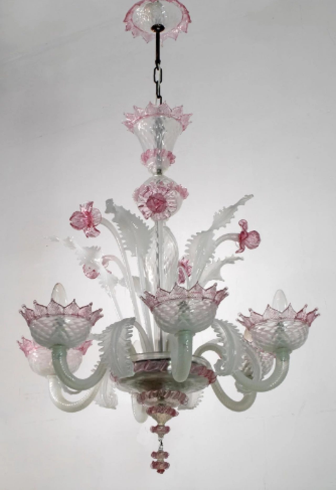 Lampadario Ca' Rezzonico in vetro di Murano bianco e rosa, anni '60 4