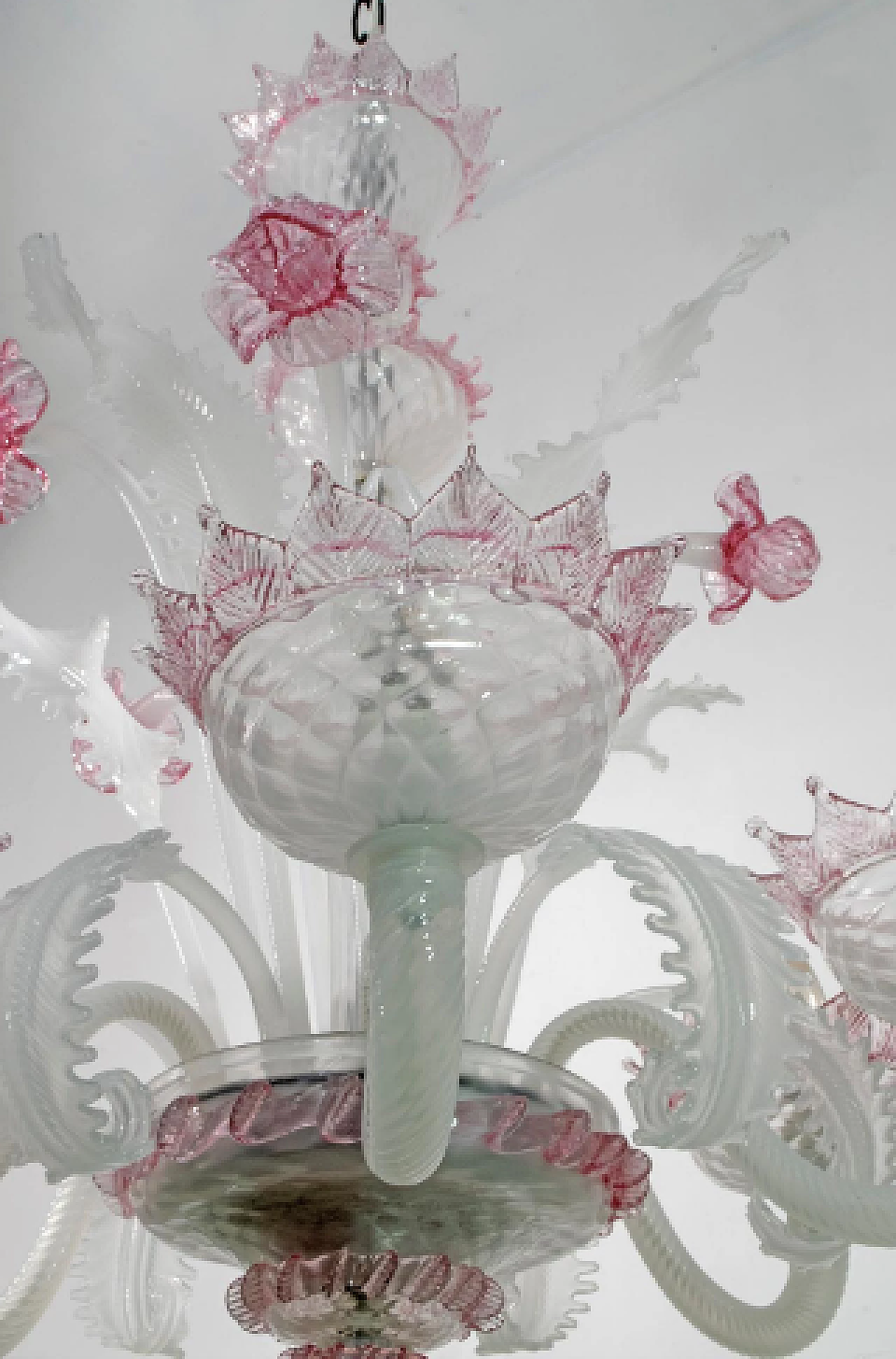 Lampadario Ca' Rezzonico in vetro di Murano bianco e rosa, anni '60 8
