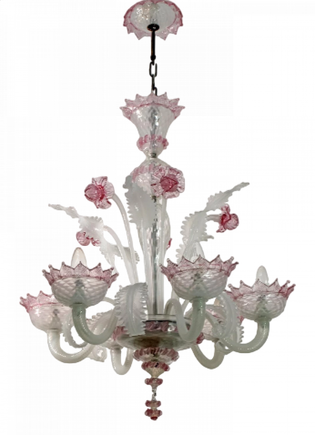 Lampadario Ca' Rezzonico in vetro di Murano bianco e rosa, anni '60 12