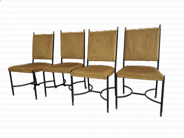 4 Sedie in ferro, ottone e velluto attribuite a Luigi Caccia Dominioni, anni '50