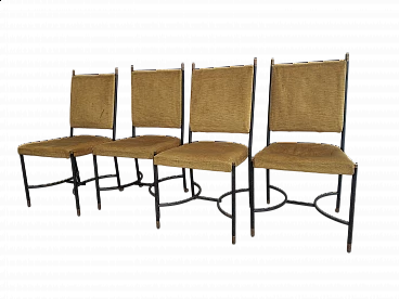 4 Sedie in ferro, ottone e velluto attribuite a Luigi Caccia Dominioni, anni '50
