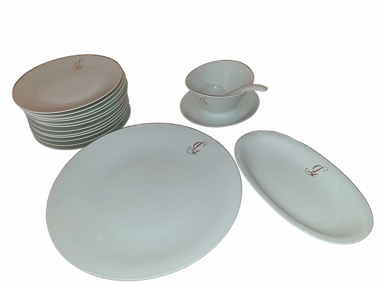 Hutschenreuther white porcelain dinner service with pure gold initials, 1960s 6