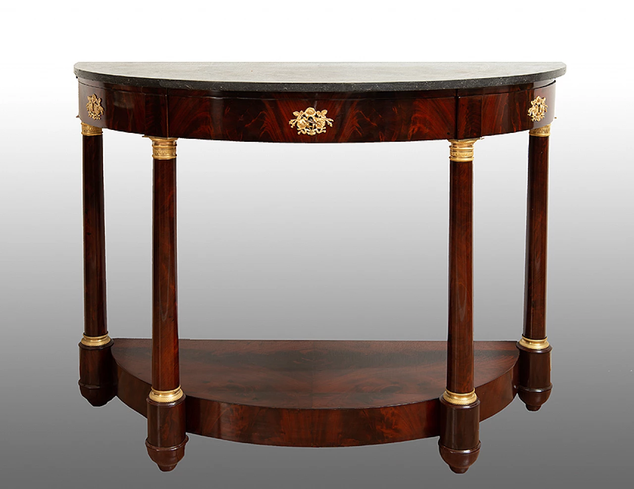 Mahogany feather Demi Lune console table with black Belgian marble top, 19th century 1