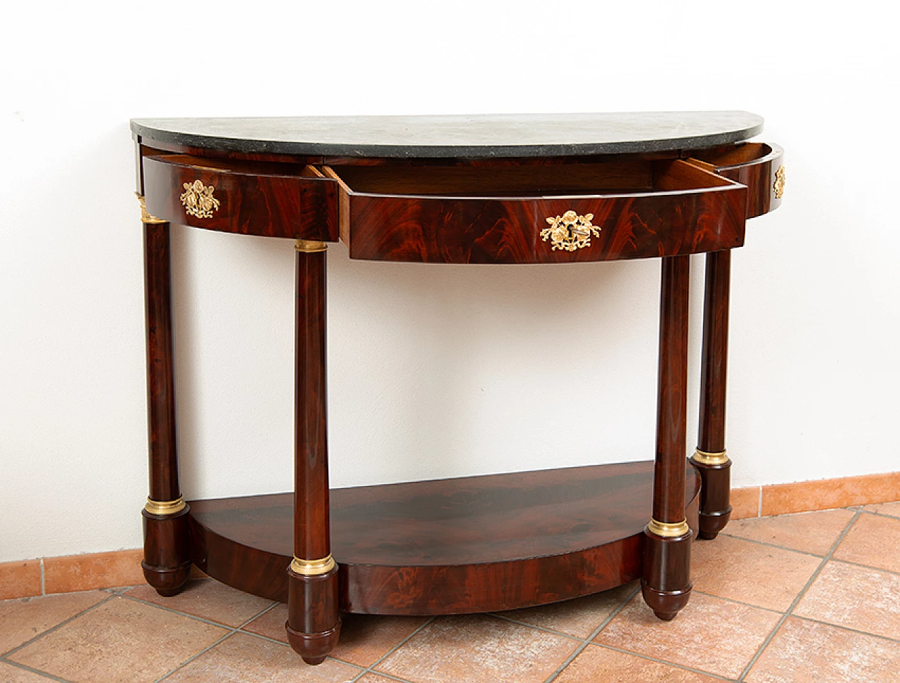 Mahogany feather Demi Lune console table with black Belgian marble top, 19th century 5