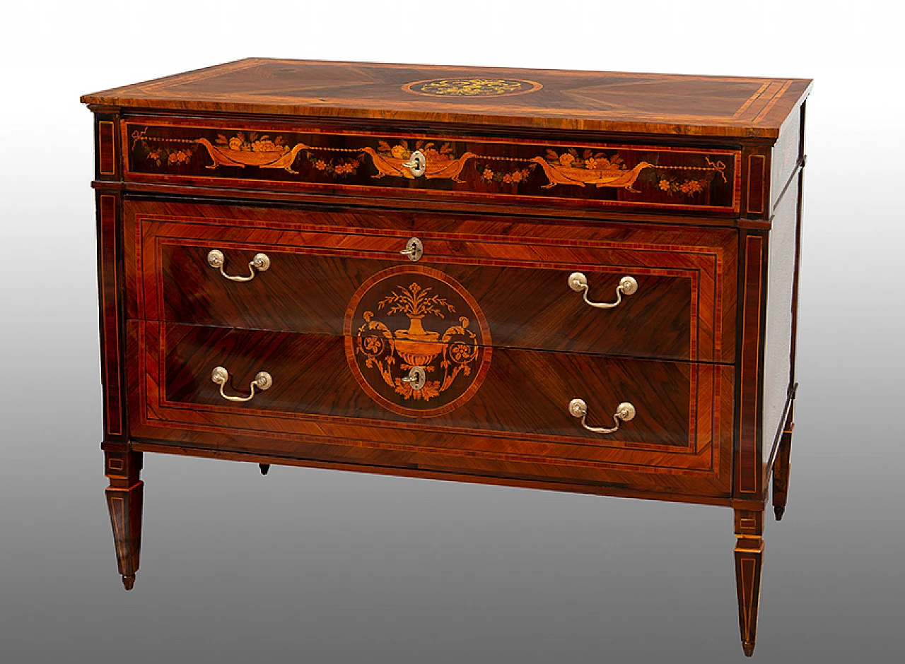 Louis XVI chest of drawers in inlaid exotic precious woods, 18th century 1