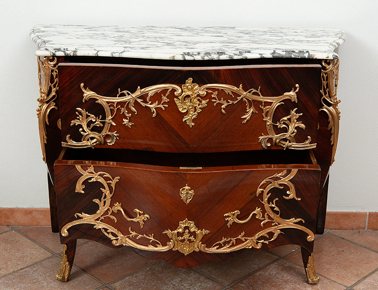 Napoleon III chest of drawers in exotic wood with marble top, 19th century 5
