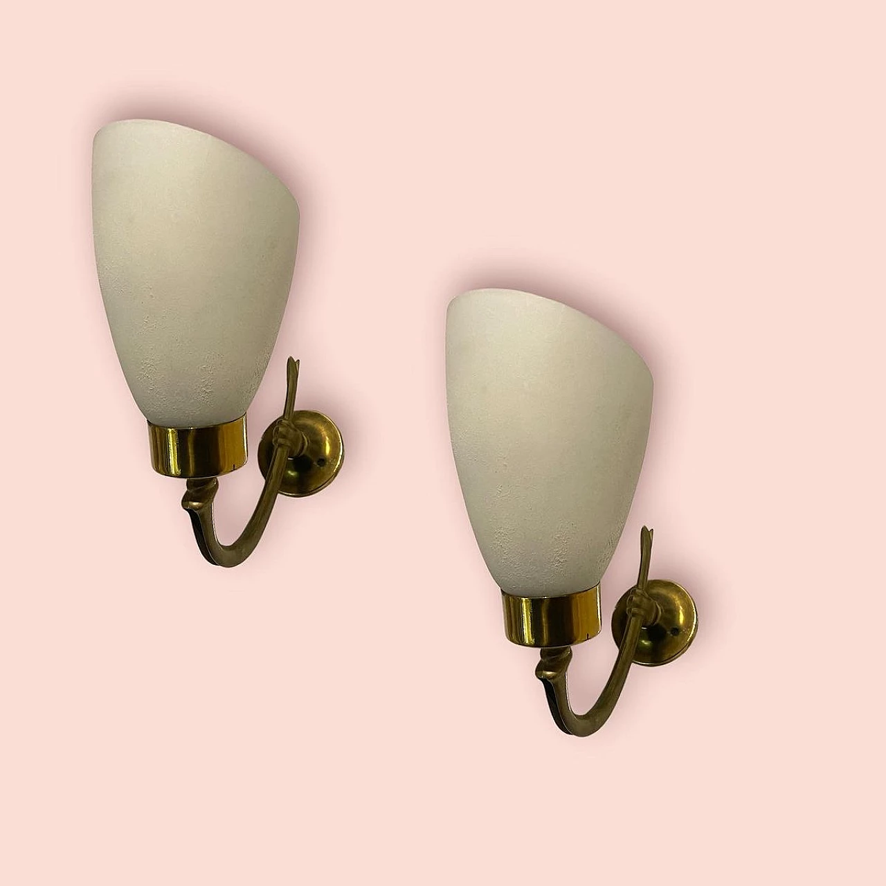 Pair of opaline glass and brass wall lights, 1960s 5