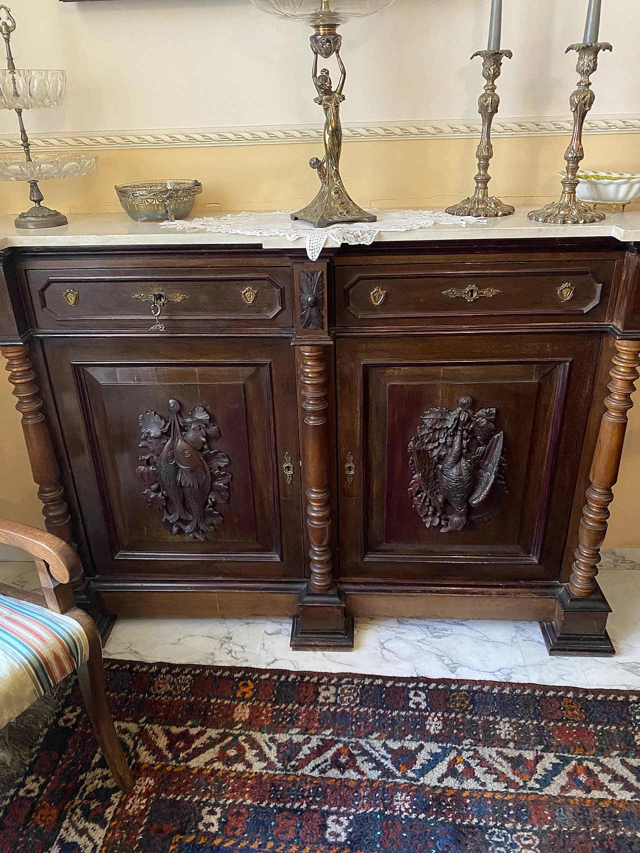 Carved wooden sideboard with recessed drawers, 19th century 1