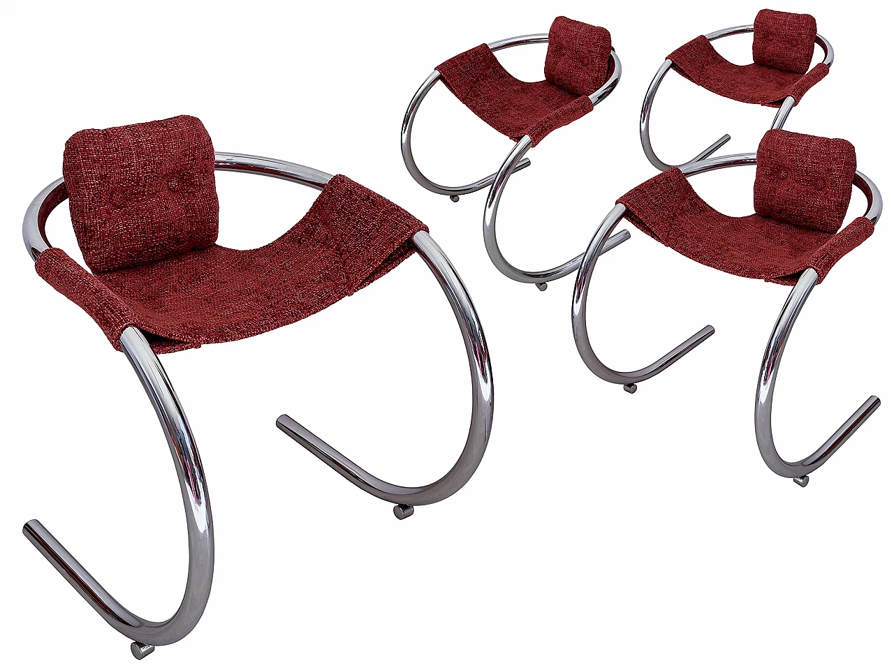 4 Red fabric chairs with curved metal frame by Byron Botker for Landes, 1970s 1