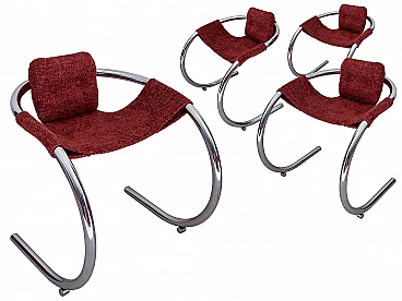 4 Red fabric chairs with curved metal frame by Byron Botker for Landes, 1970s
