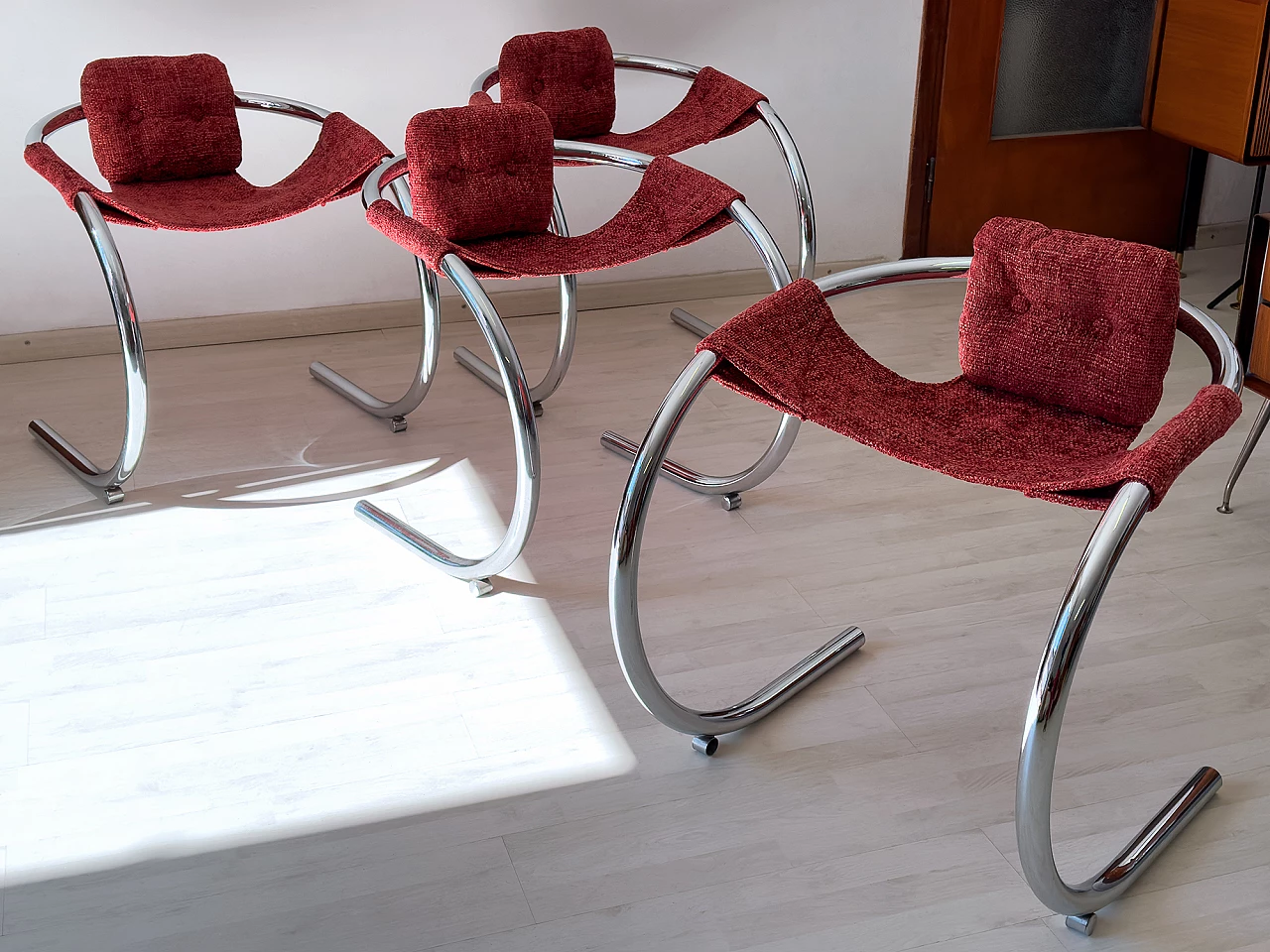 4 Red fabric chairs with curved metal frame by Byron Botker for Landes, 1970s 2
