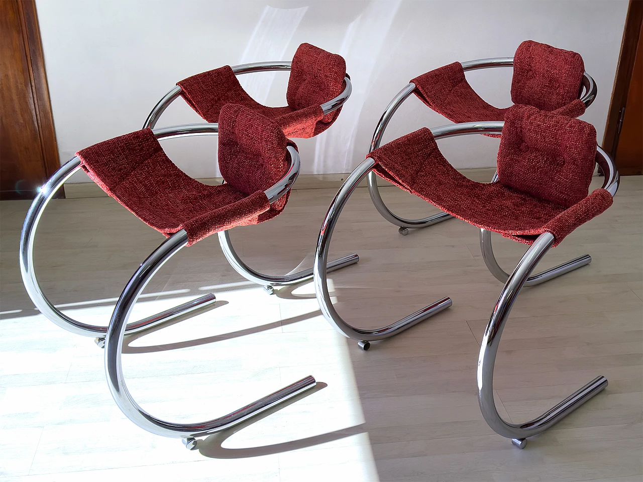 4 Red fabric chairs with curved metal frame by Byron Botker for Landes, 1970s 3