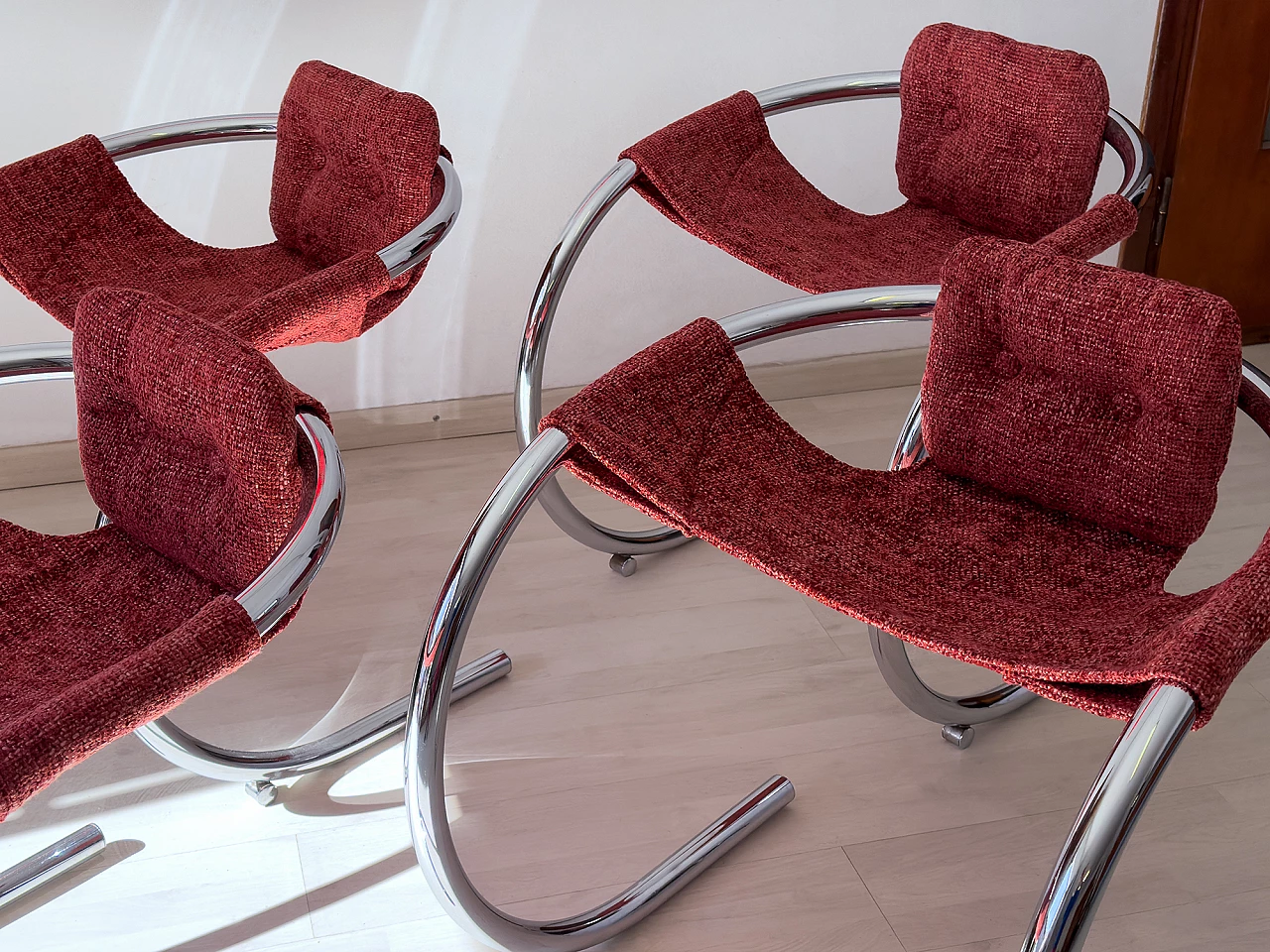 4 Red fabric chairs with curved metal frame by Byron Botker for Landes, 1970s 4