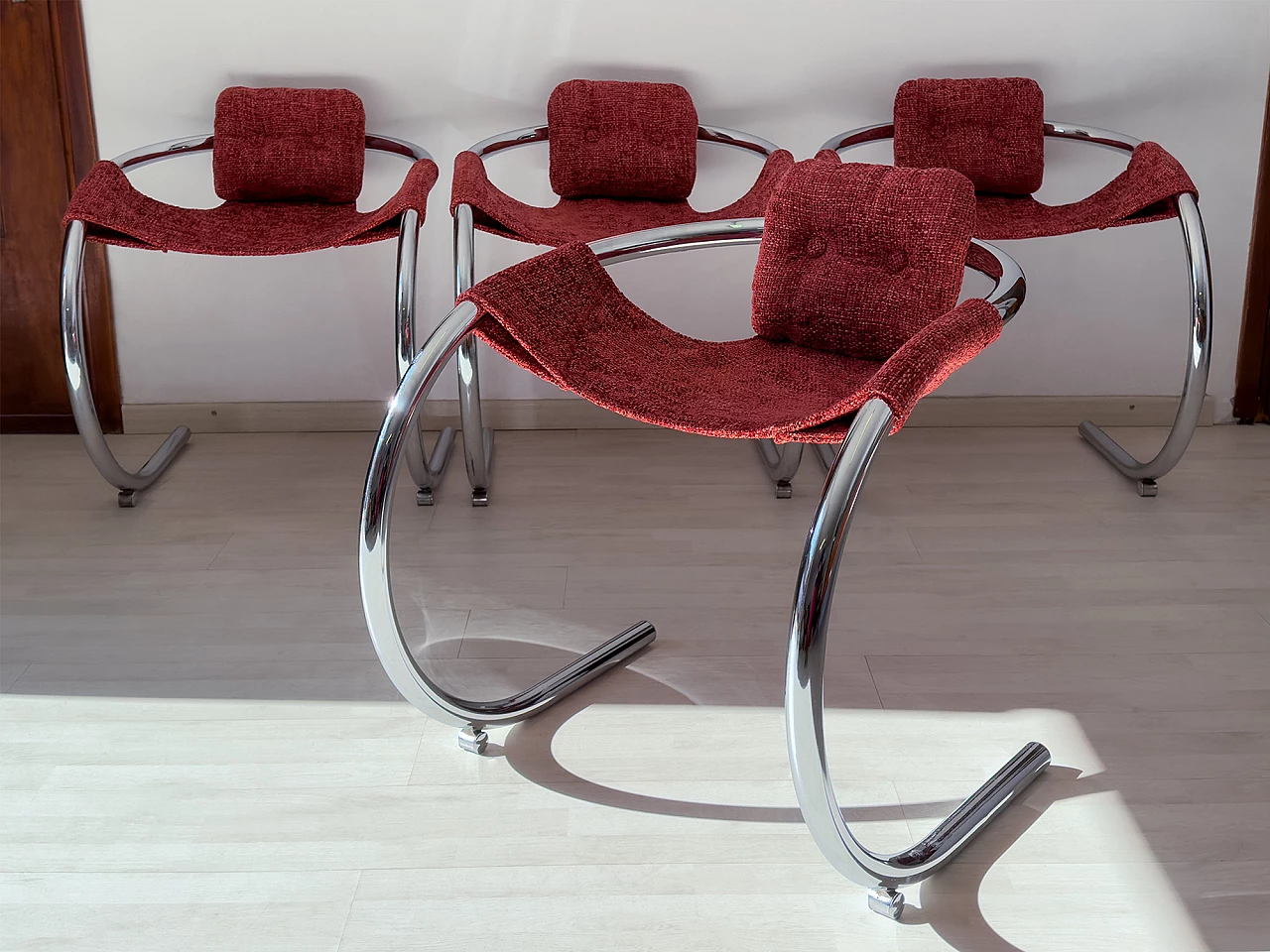 4 Red fabric chairs with curved metal frame by Byron Botker for Landes, 1970s 5