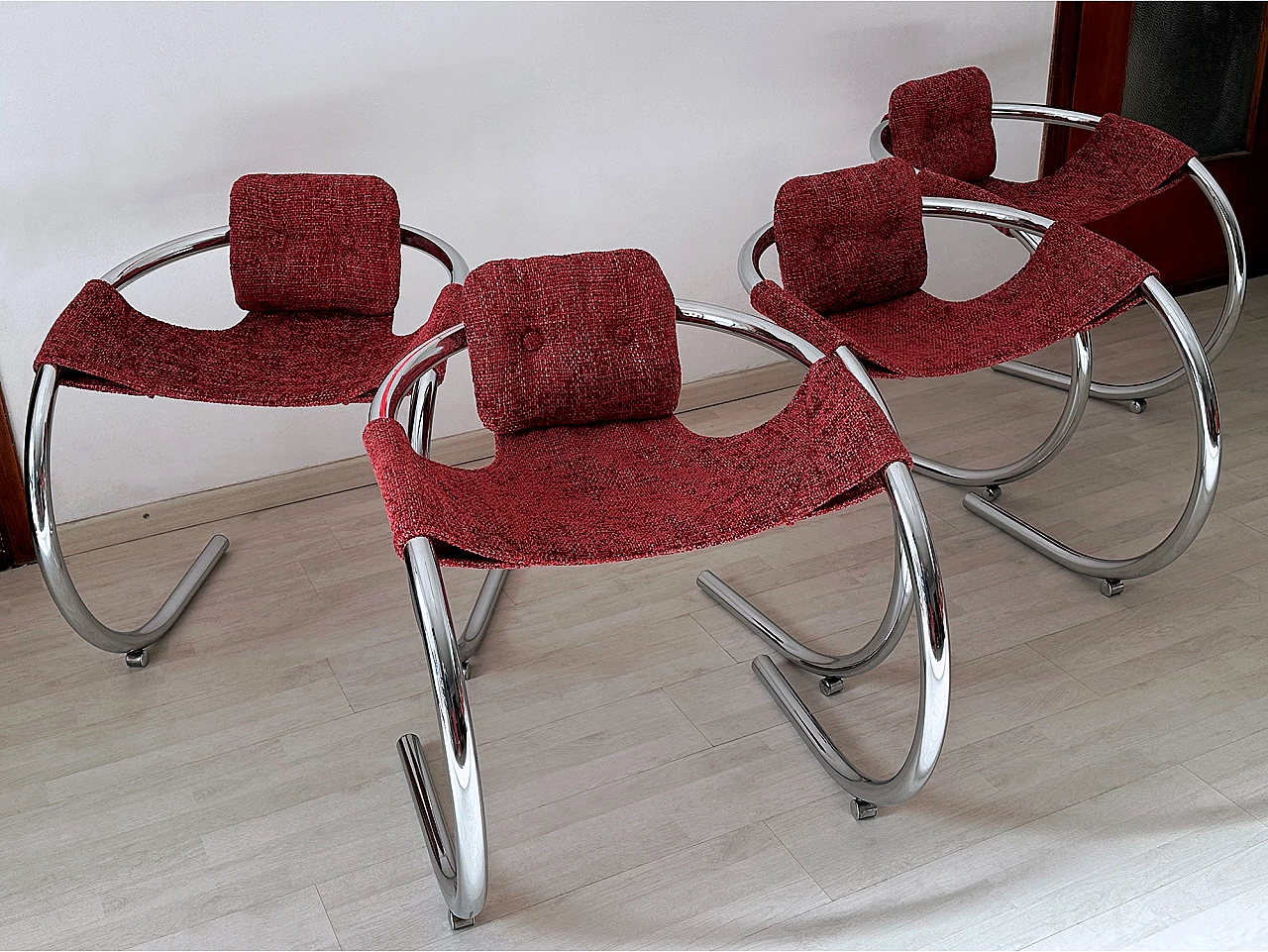 4 Red fabric chairs with curved metal frame by Byron Botker for Landes, 1970s 6
