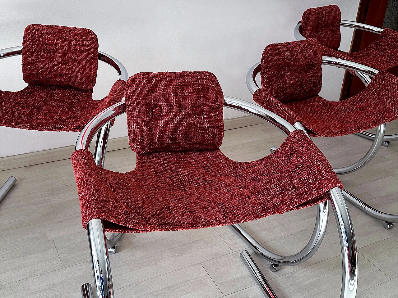 4 Red fabric chairs with curved metal frame by Byron Botker for Landes, 1970s 7