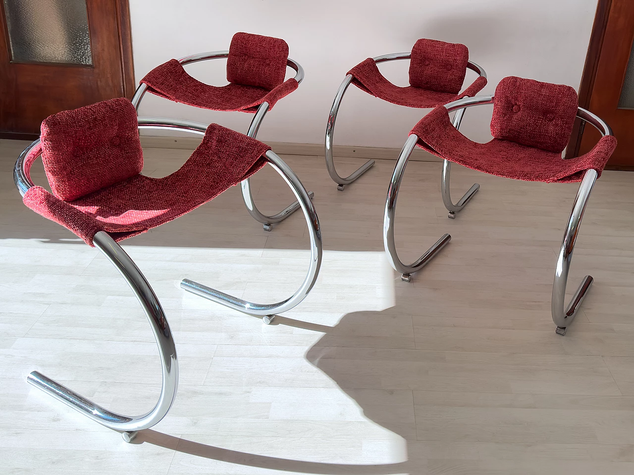 4 Red fabric chairs with curved metal frame by Byron Botker for Landes, 1970s 8