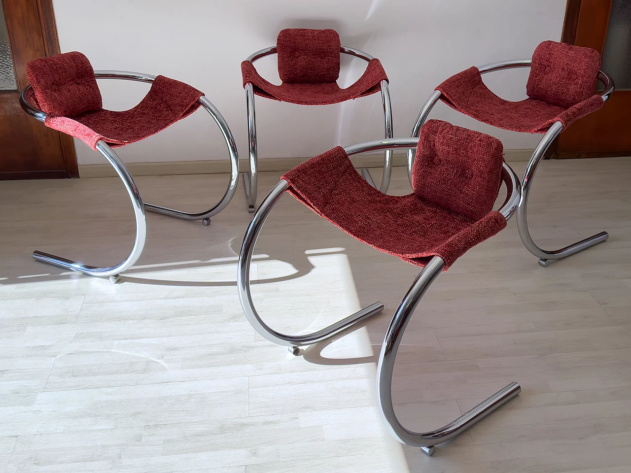 4 Red fabric chairs with curved metal frame by Byron Botker for Landes, 1970s 9