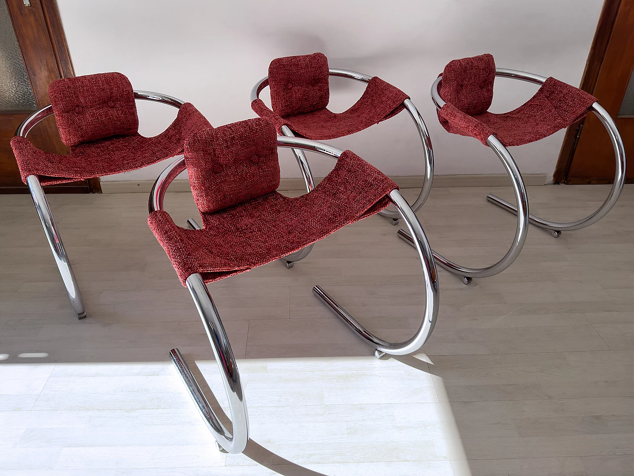 4 Red fabric chairs with curved metal frame by Byron Botker for Landes, 1970s 10
