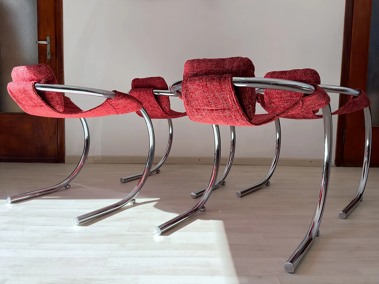 4 Red fabric chairs with curved metal frame by Byron Botker for Landes, 1970s 11