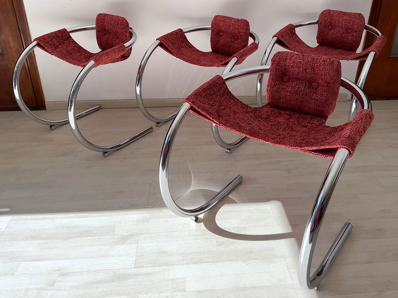4 Red fabric chairs with curved metal frame by Byron Botker for Landes, 1970s 12