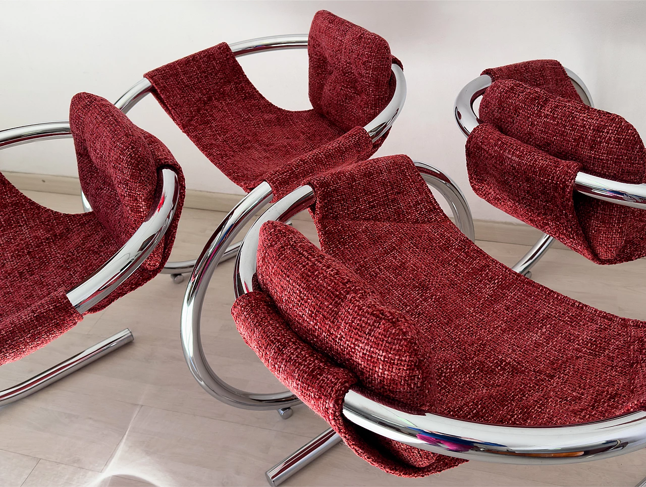 4 Red fabric chairs with curved metal frame by Byron Botker for Landes, 1970s 13