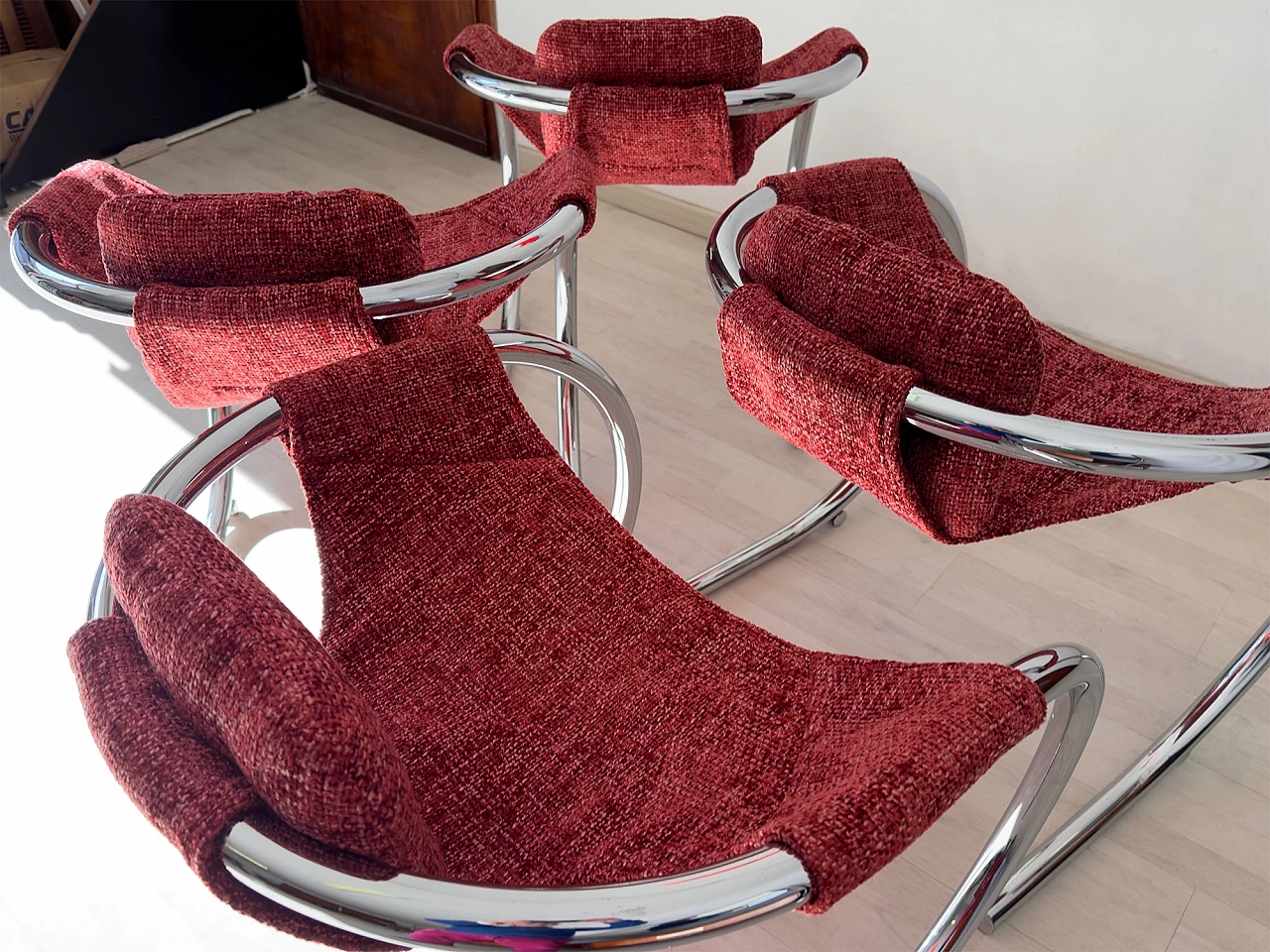 4 Red fabric chairs with curved metal frame by Byron Botker for Landes, 1970s 14