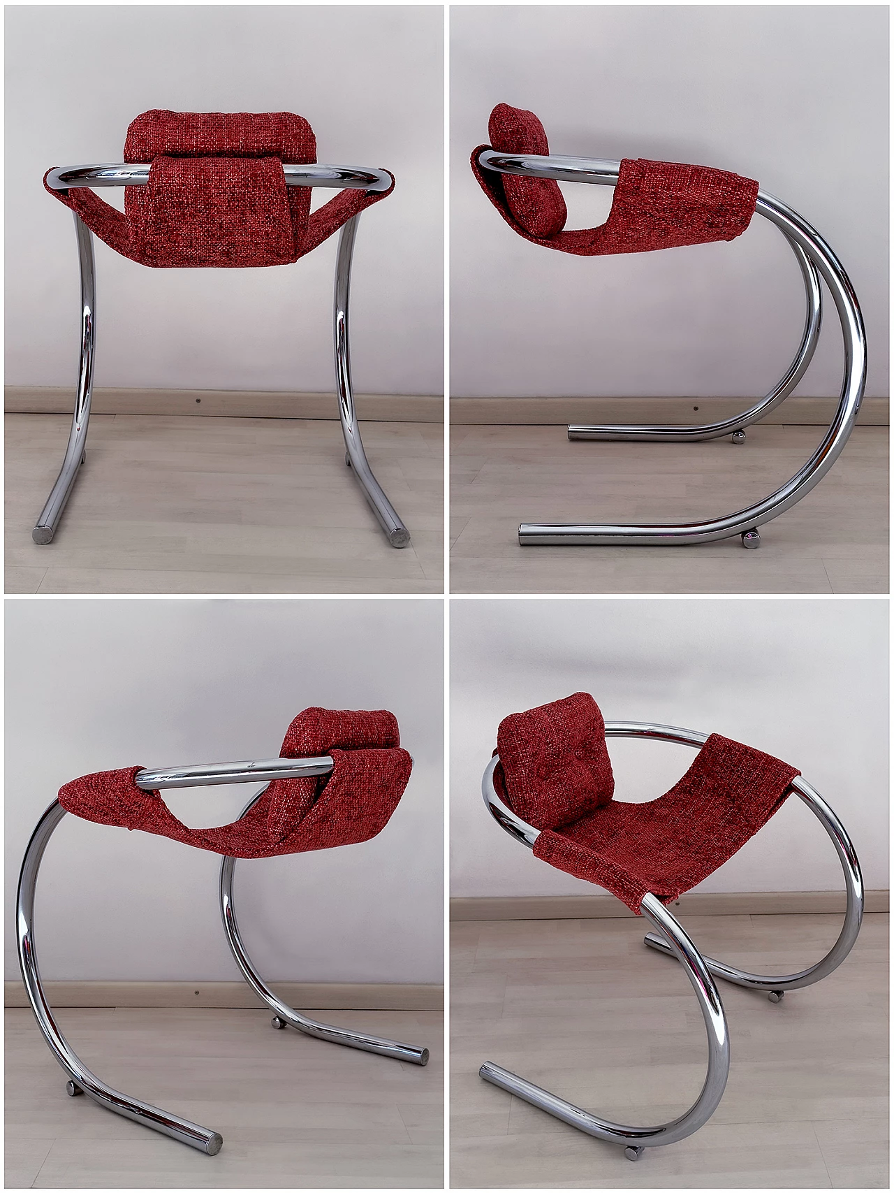 4 Red fabric chairs with curved metal frame by Byron Botker for Landes, 1970s 18