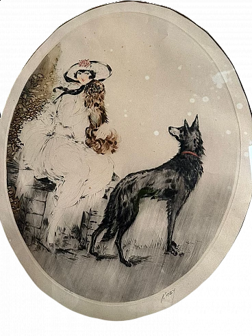 Litografia di fanciulla con due cagnolini, inizio '900