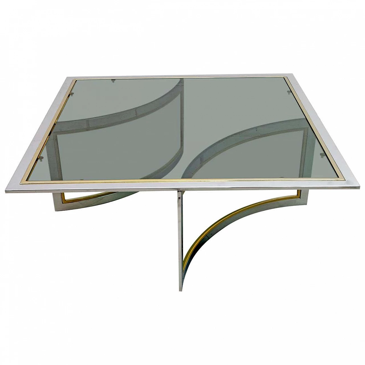 Brass and chrome coffee table with glass top in the style of Romeo Rega, 1970s 1