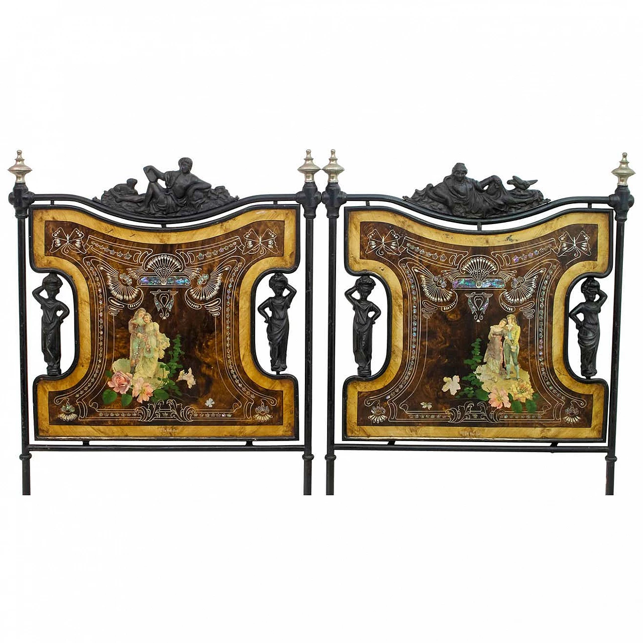 Letto matrimoniale in ferro dipinto a mano in stile Liberty, fine '800 1