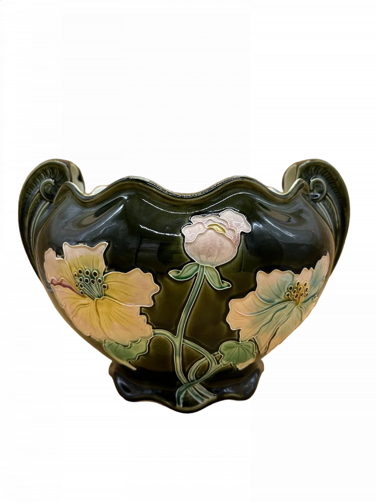 Cachepot in ceramica verde con fiori di Gustave De Bruyn, inzio '900 6