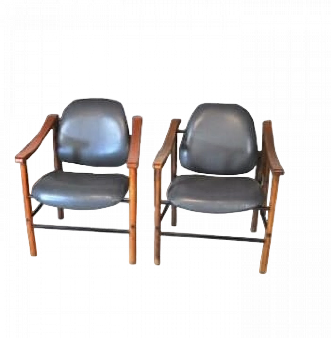 Pair of mahogany and black leather armchairs, 1960s 1210599