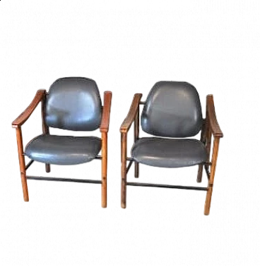 Pair of mahogany and black leather armchairs, 1960s