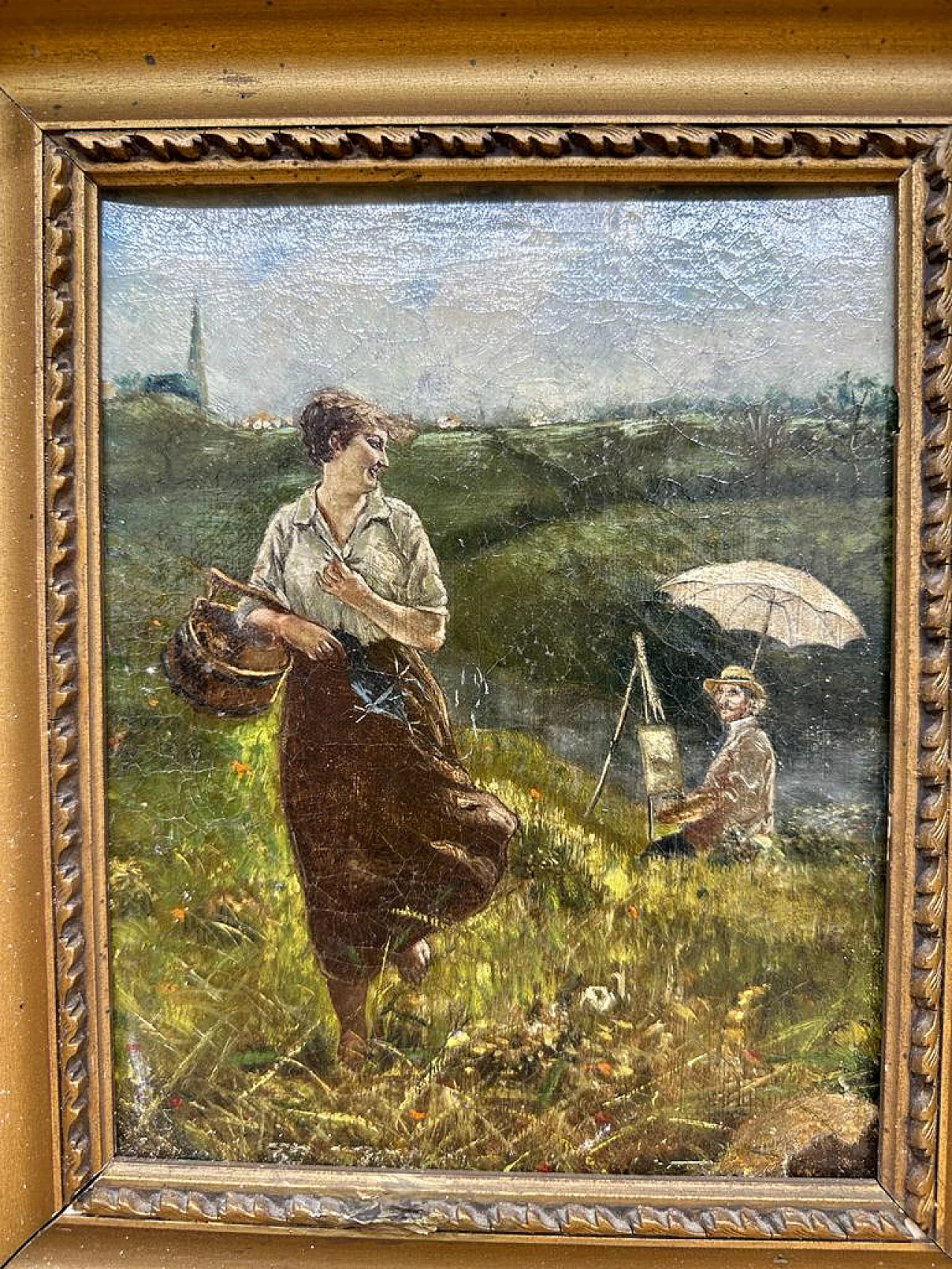 Dipinto raffiugrante fanciulla con pittore, olio su tavoletta 1