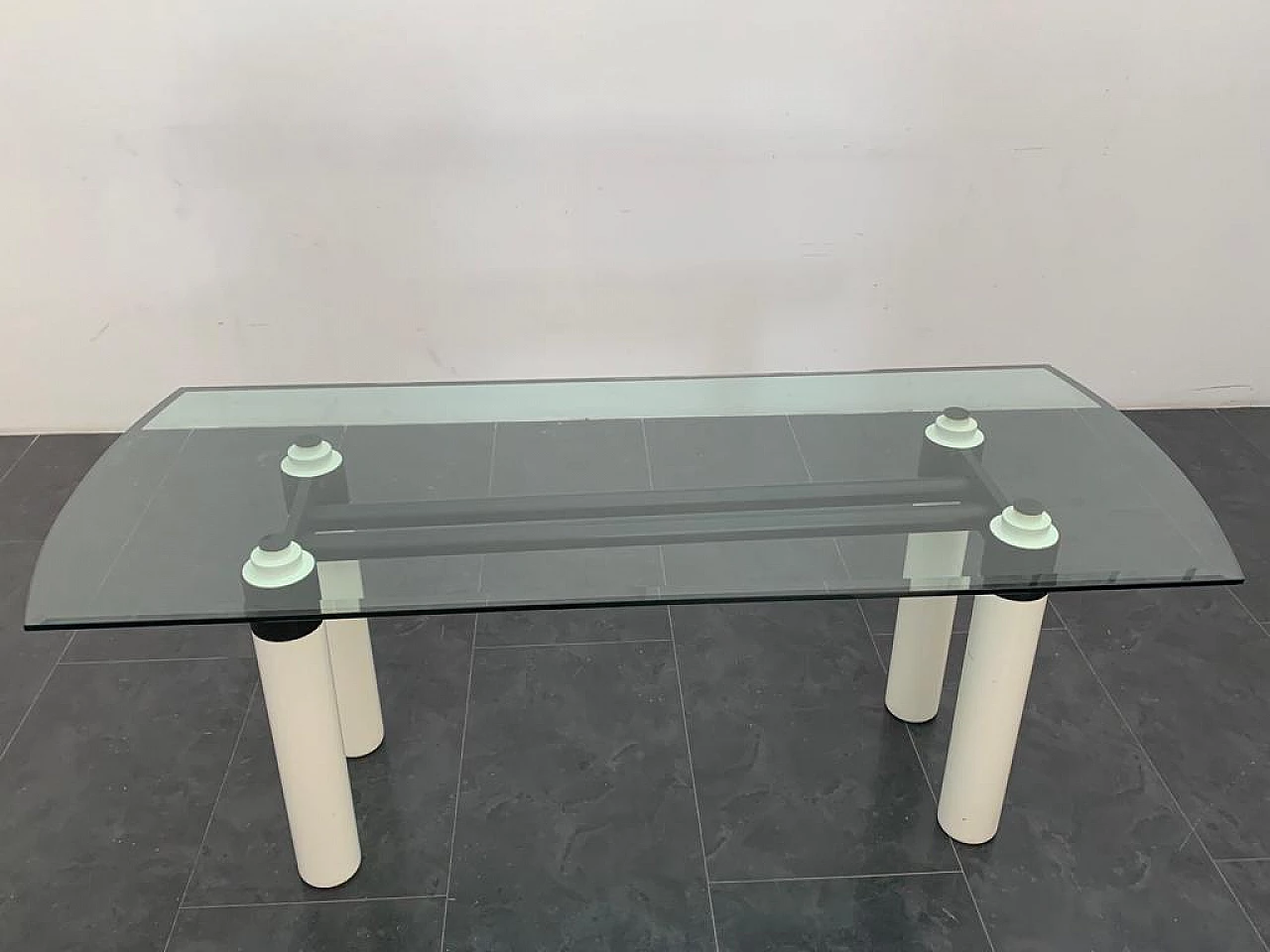 Tavolo in legno, ferro e cristallo nello stile di Massimo Vignelli, anni '70 10