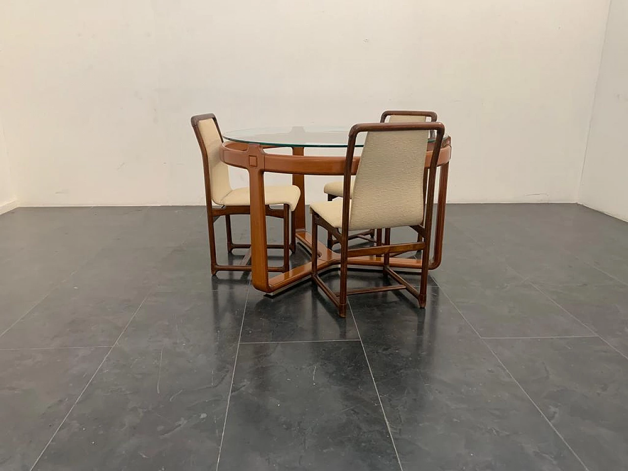 3 Chairs and round table in wood and glass, 1960s 2