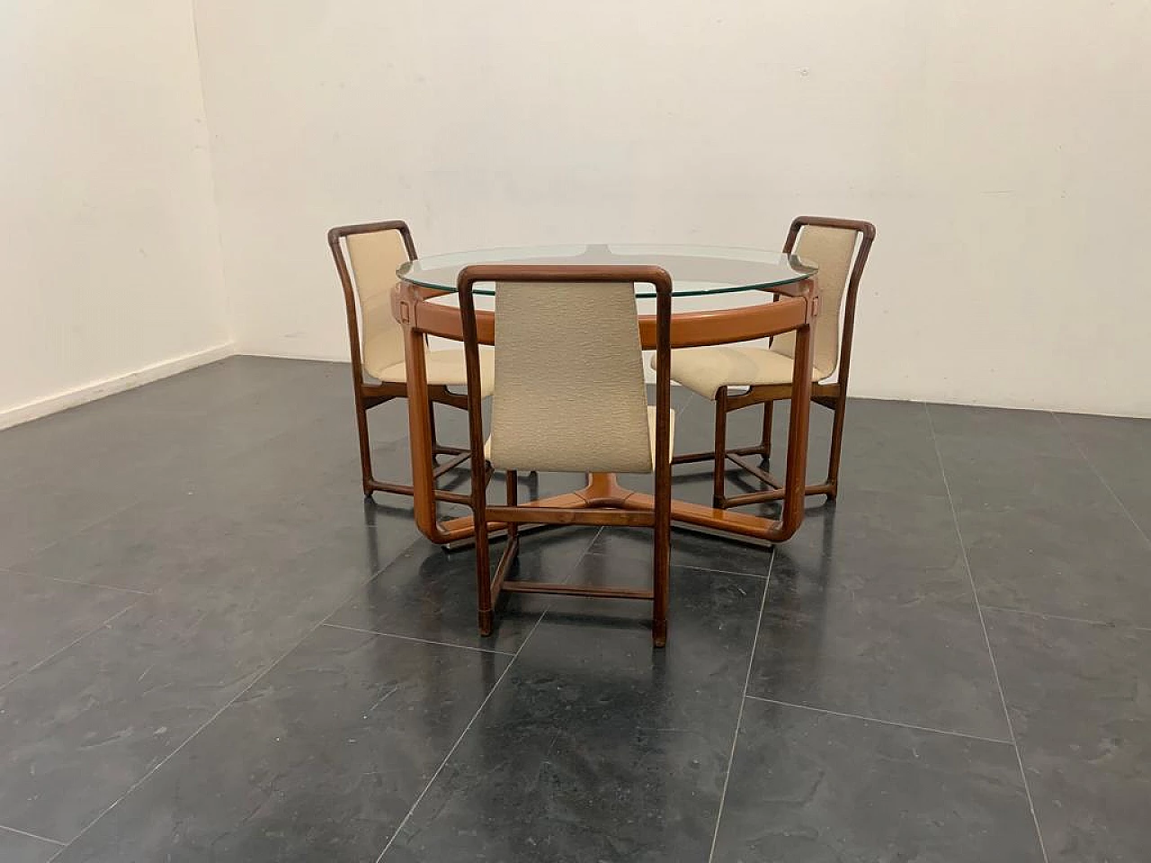3 Chairs and round table in wood and glass, 1960s 4