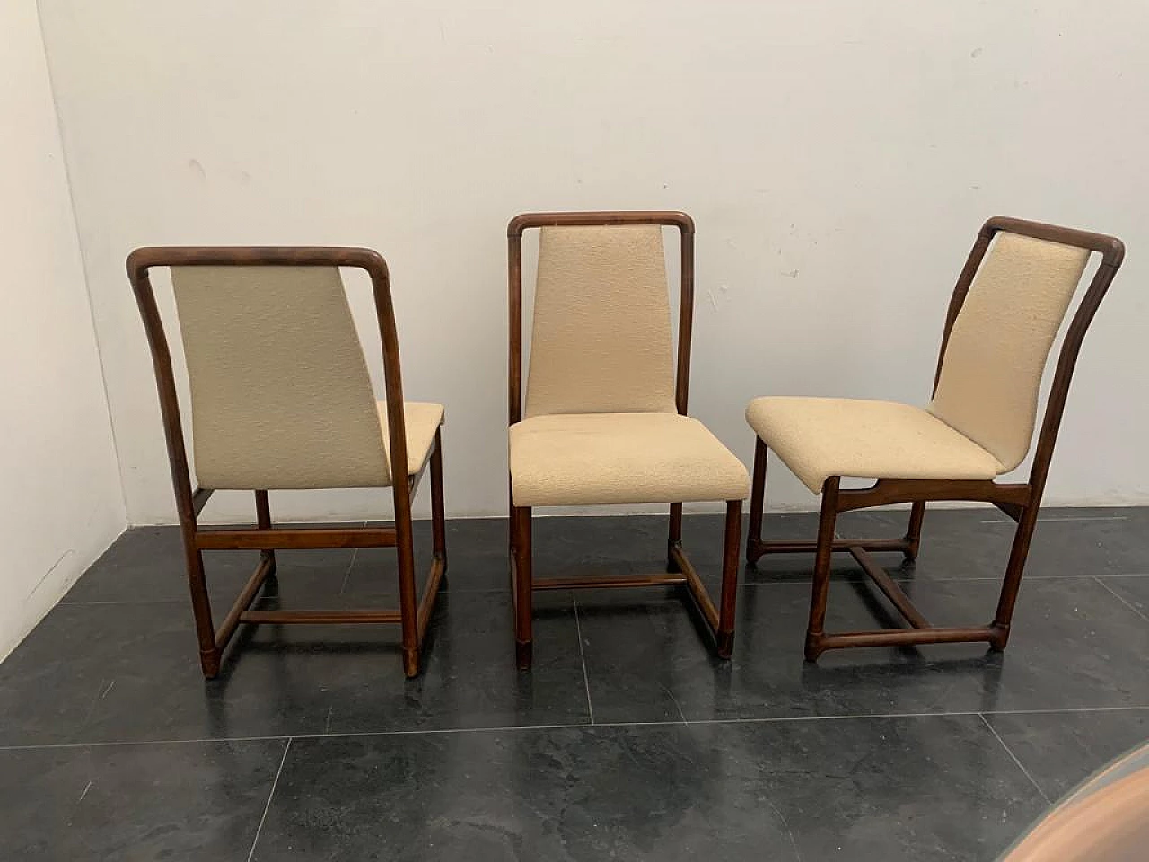 3 Chairs and round table in wood and glass, 1960s 8