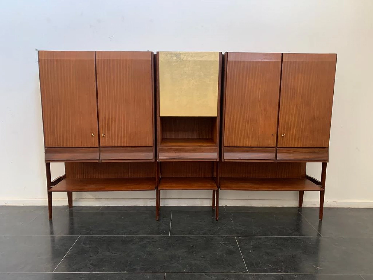 Three-door highboard in teak and parchment in the style of Silvio Cavatorta, 1960s 1