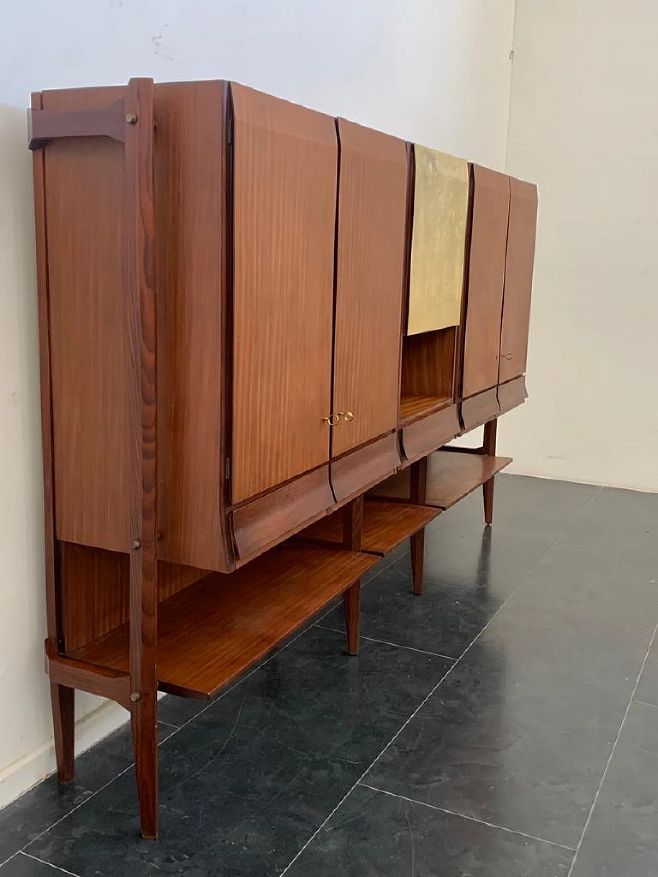 Three-door highboard in teak and parchment in the style of Silvio Cavatorta, 1960s 2