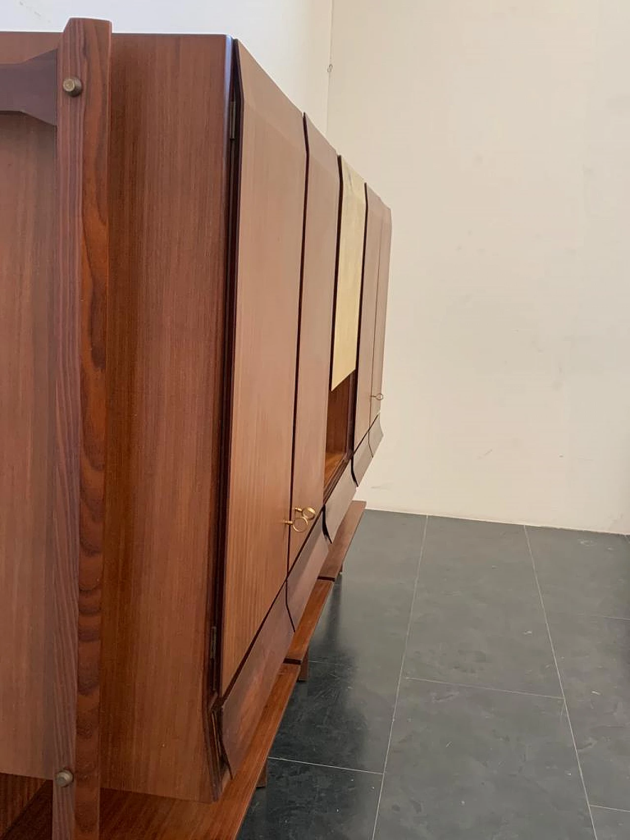 Three-door highboard in teak and parchment in the style of Silvio Cavatorta, 1960s 3
